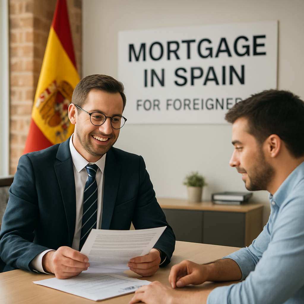 A friendly mortgage officer in a Spanish bank office reviewing documents with a foreign buyer. Alt: mortgage in Spain for foreigners eligibility documentation guide