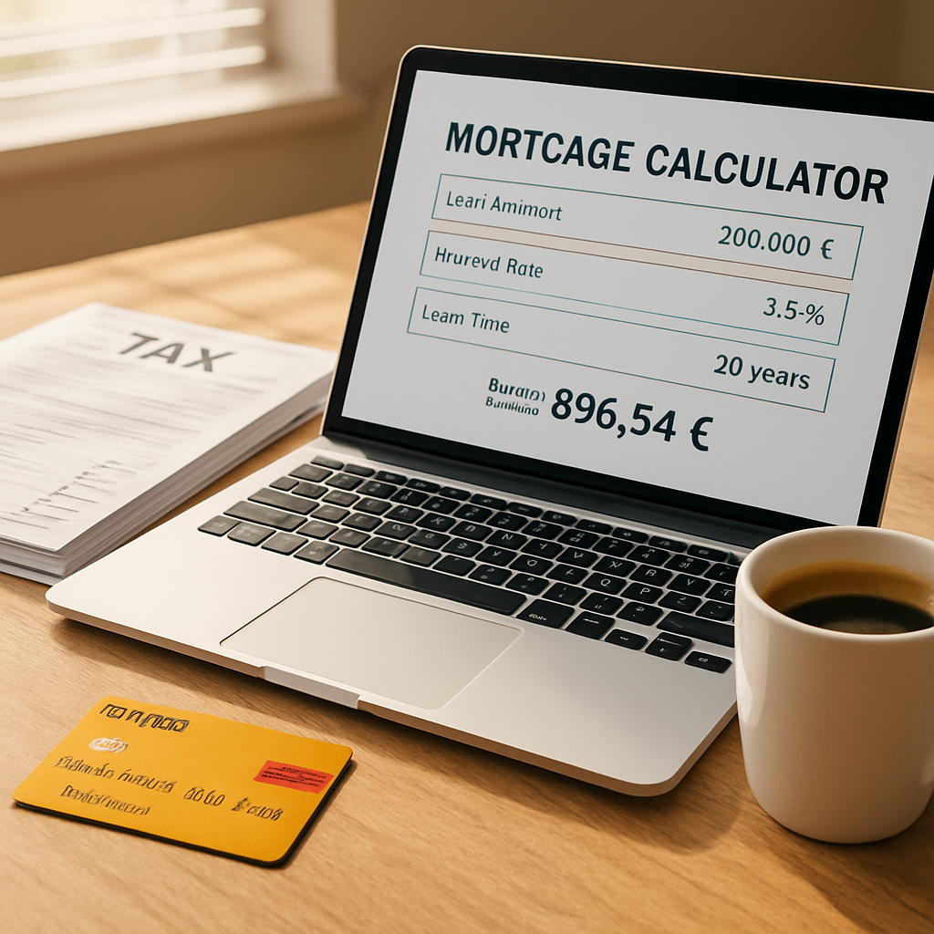 A sunny office desk with a laptop showing a mortgage calculator, a stack of tax forms, a Spanish bank card, and a coffee mug. Alt: mortgage in spain for foreigners financing and tax planning image.