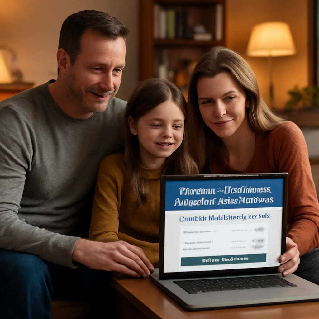 A cozy living room with a family reviewing a laptop screen displaying a mortgage protection insurance calculator, warm lighting, subtle background of a home office. Alt: Mortgage protection calculator helping families plan home security