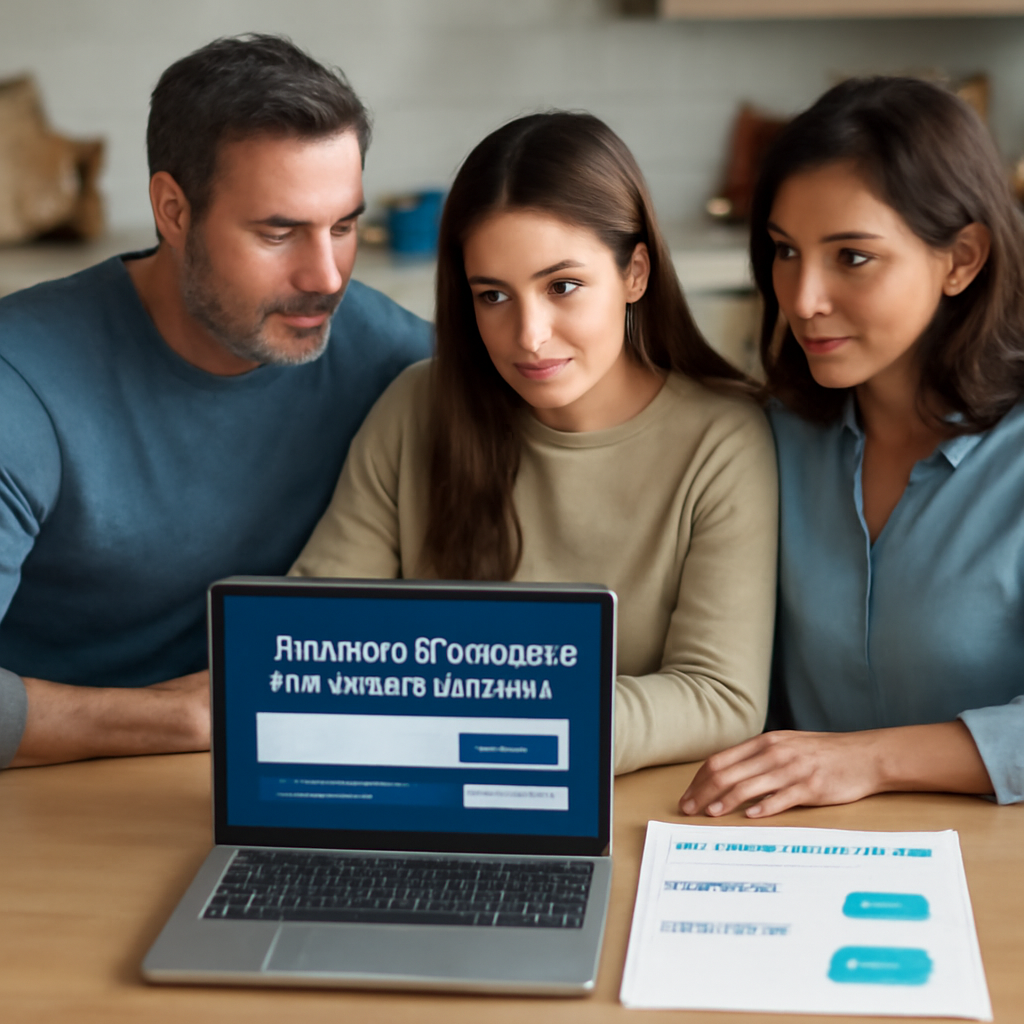 A family sitting at a kitchen table reviewing a mortgage protection insurance calculator on a laptop, with retirement planning documents spread out. Alt: mortgage protection insurance calculator and retirement planning integration.