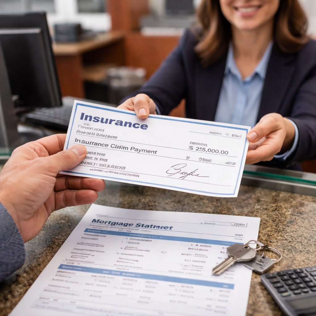 A realistic image of a homeowner handing a signed insurance check to a bank teller, with a mortgage statement visible on the desk. Alt: mortgage protection insurance payout process