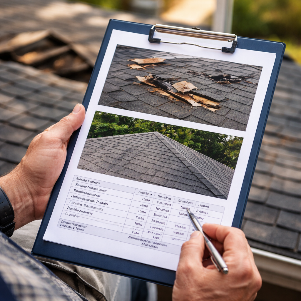 A realistic close‑up of a homeowner holding a clipboard with photos of roof damage and repair estimates. Alt: supporting evidence for mortgage protection claim