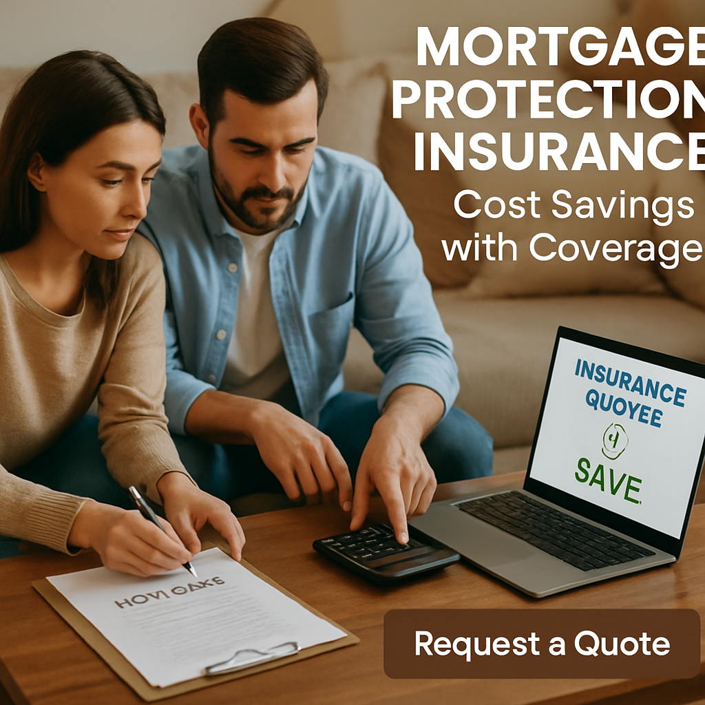 A cozy living room scene where a couple reviews mortgage papers on a coffee table, with a calculator and a laptop showing insurance quotes, emphasizing savings strategies. Alt: mortgage protection insurance cost savings illustration