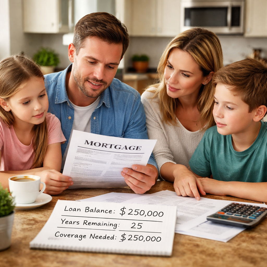 A photorealistic scene of a family gathered around a kitchen table, looking at a printed mortgage statement and a simple handwritten chart showing loan balance, years remaining, and desired coverage amount. The image conveys a calm, focused atmosphere, appealing to homeowners seeking mortgage protection insurance cost for $250,000 mortgage. Alt: Family calculating mortgage protection coverage cost.