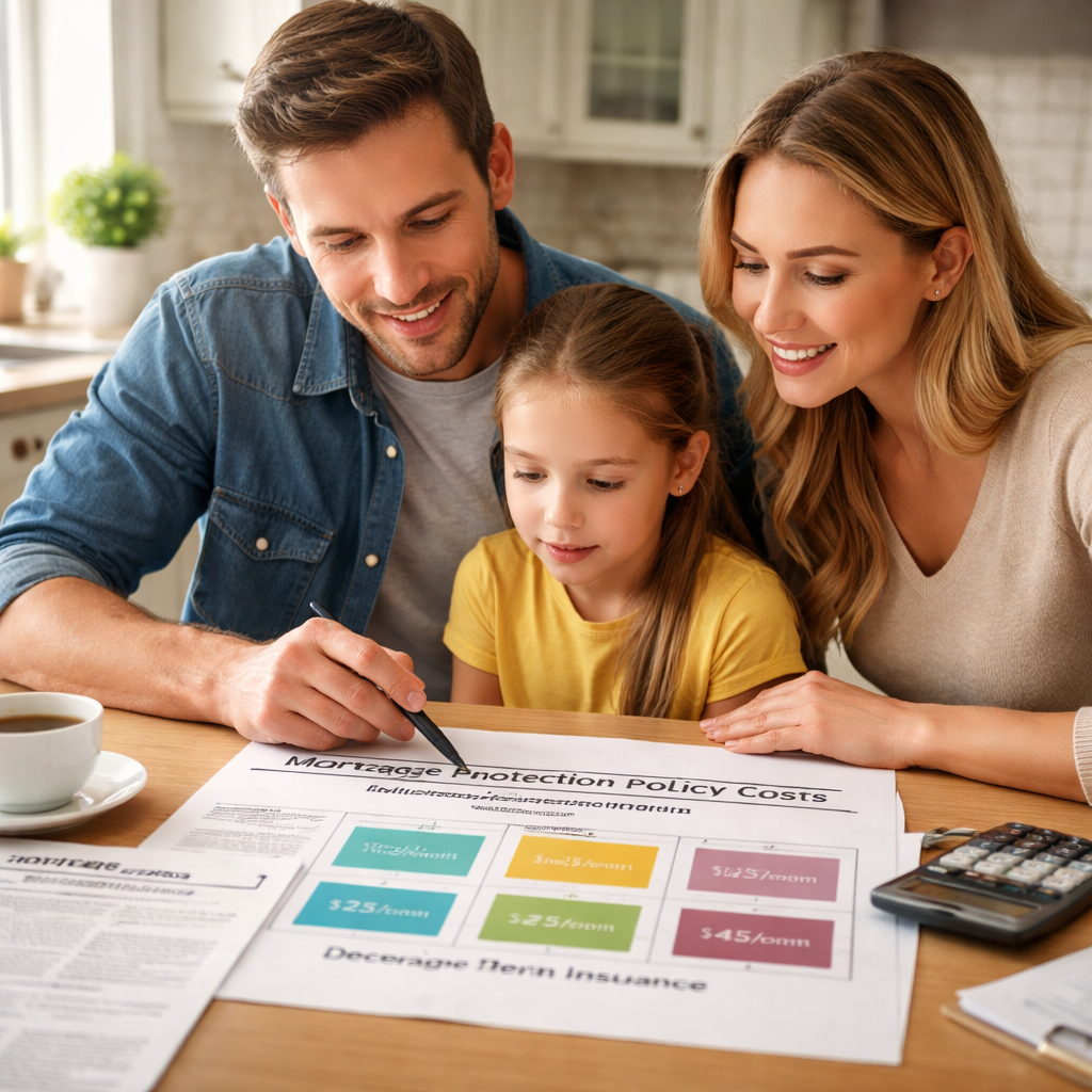 A photorealistic scene of a family at a kitchen table with a printed mortgage statement, a calculator, and a simple chart showing policy type options and monthly cost estimates for a $250,000 mortgage. Alt: Comparison of mortgage protection policy costs.