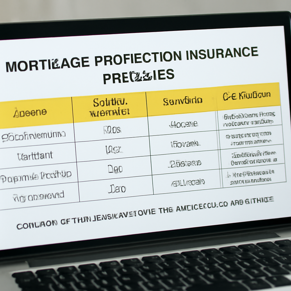 A close‑up of a comparison spreadsheet on a laptop screen, with highlighted columns for insurer, monthly premium, term length, and rider options. Alt: Spreadsheet comparing mortgage protection insurance premiums.