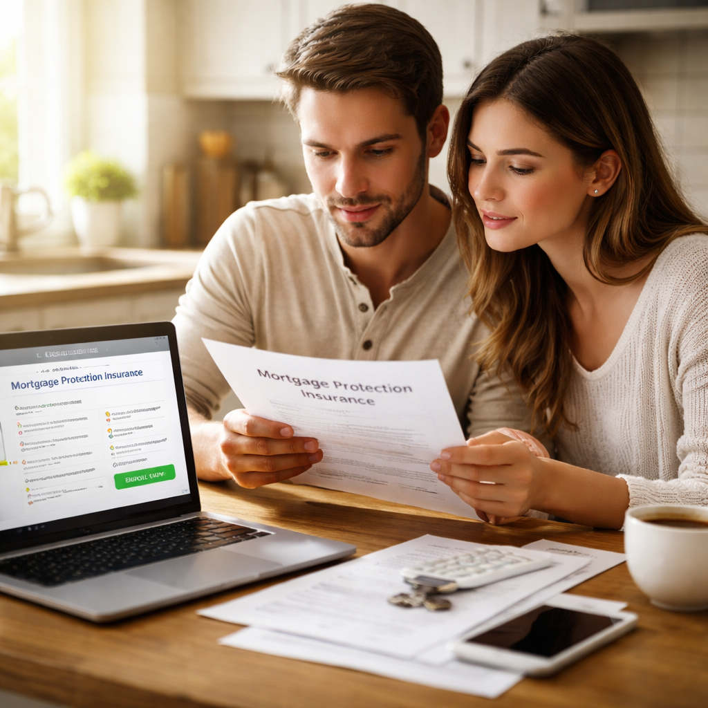 A photorealistic scene of a young couple sitting at a kitchen table, reviewing a mortgage protection insurance policy document and a laptop screen showing policy details, soft natural lighting, realistic textures. Alt: mortgage protection insurance coverage for first-time homebuyers reviewing policy and enrolling.