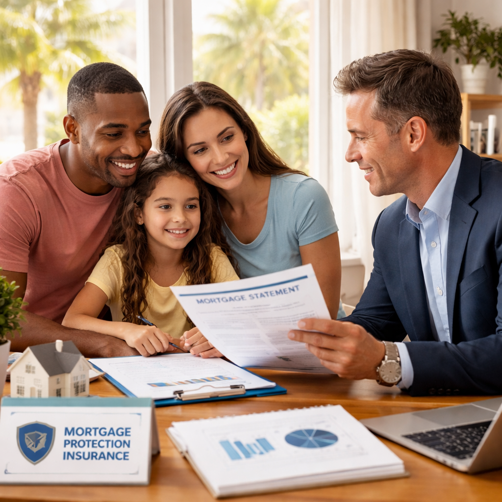 A photorealistic scene of a Florida homeowner reviewing a mortgage statement at a kitchen table, sunlight through palm‑leaf curtains, a calm expression showing peace of mind. Alt: Mortgage protection insurance Florida peace of mind.