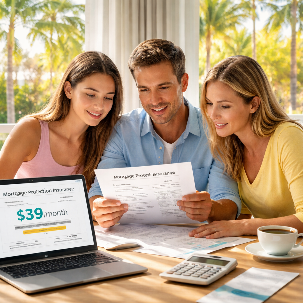 A photorealistic scene of a Florida family at a kitchen table reviewing mortgage statements and a laptop showing insurance quote comparisons. Alt: mortgage protection insurance florida comparison guide for families.