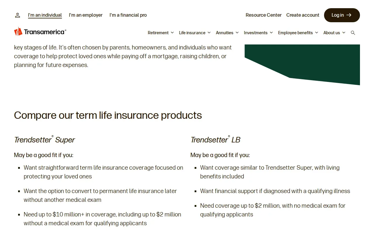 Screenshot of the Trendsetter LB by Transamerica website