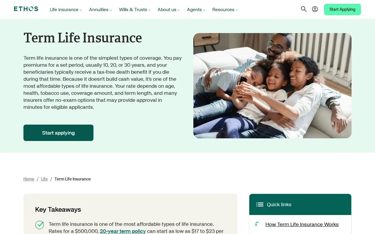 Screenshot of the Term Life Insurance by Ethos website