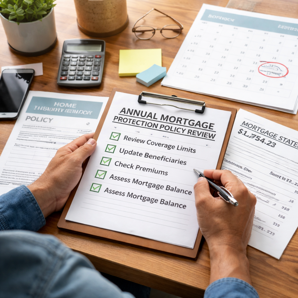 A realistic scene of a homeowner at a desk reviewing an insurance policy, a mortgage statement, and a calendar reminder. Alt: annual mortgage protection policy review checklist