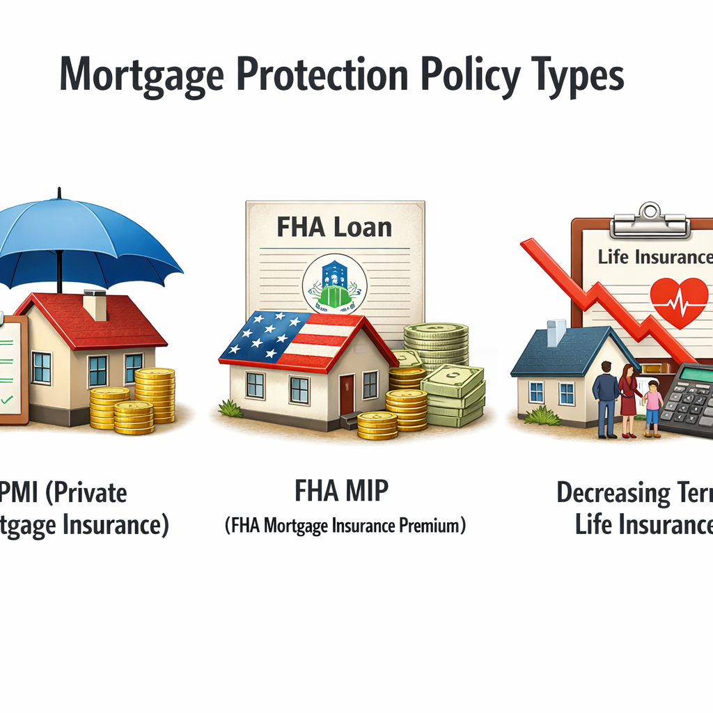 A realistic illustration of three mortgage protection policy types , PMI, FHA MIP, and decreasing term life , shown as three distinct icons with short captions. Alt: 