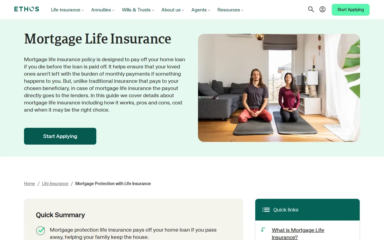 Screenshot of the Mortgage Protection Insurance by Ethos website