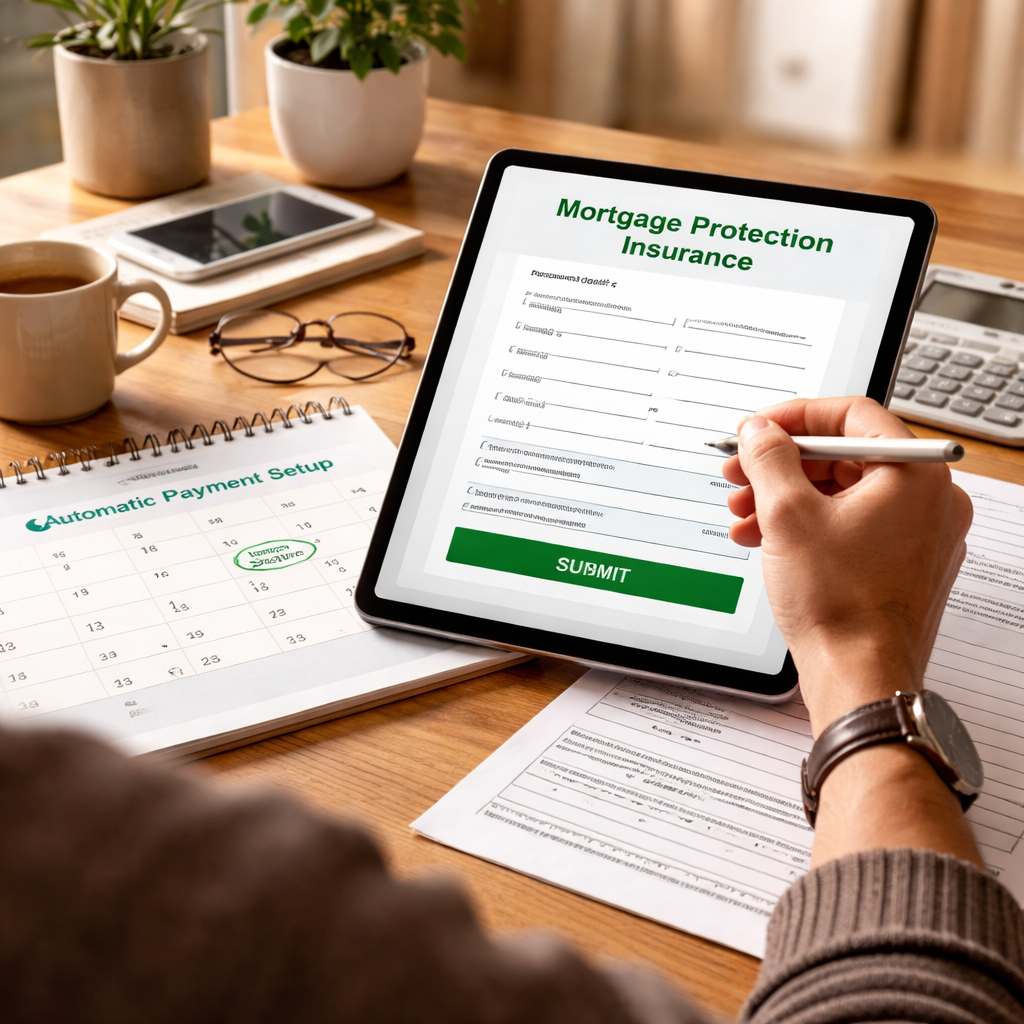 A realistic scene of a self‑employed individual completing an online insurance application on a tablet, with a calendar showing automatic payment setup. Alt: applying for mortgage protection insurance online