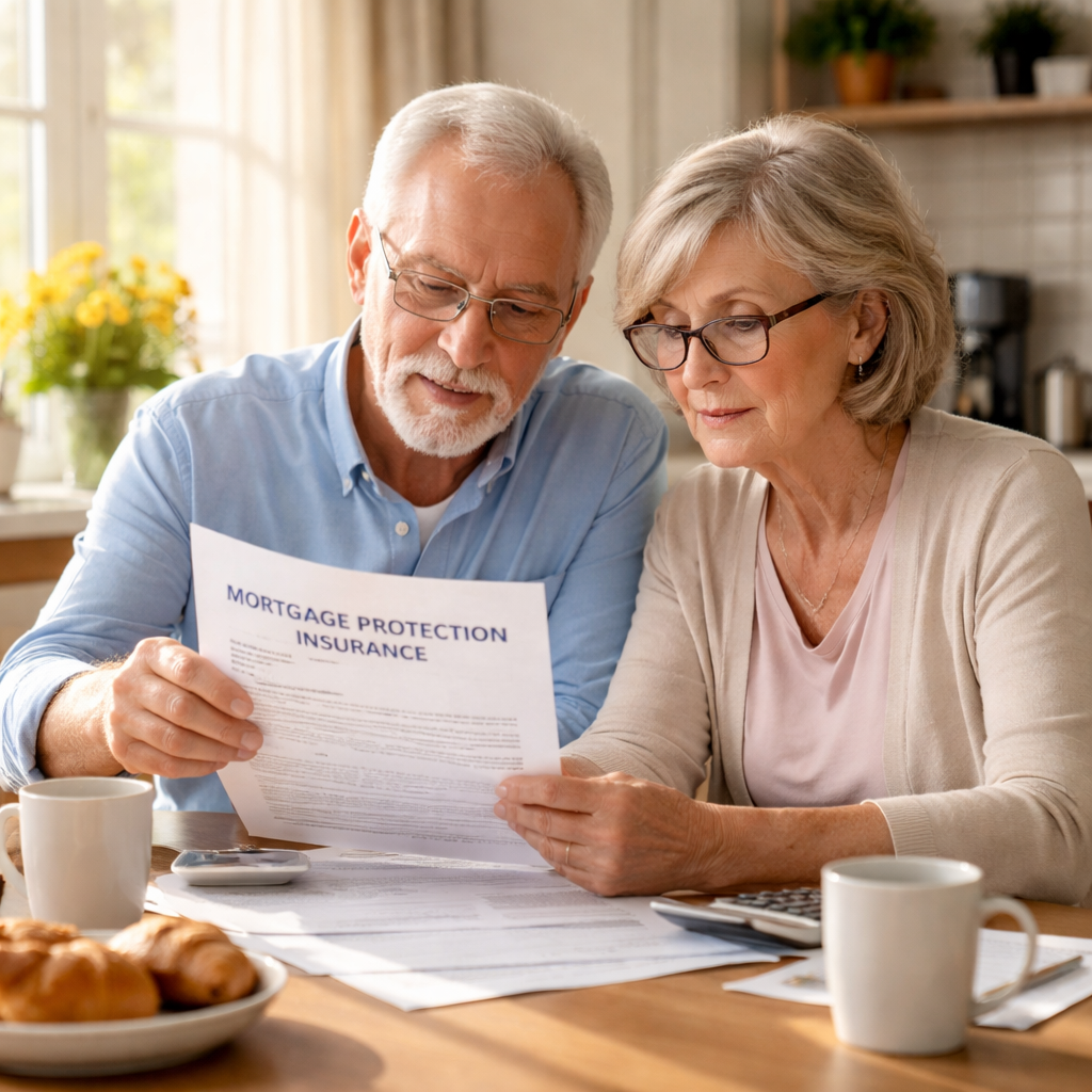 A photorealistic scene of a senior couple sitting at a kitchen table, reviewing a mortgage statement and smiling, with a calm home interior in the background. Alt: senior homeowners reviewing mortgage protection insurance options.