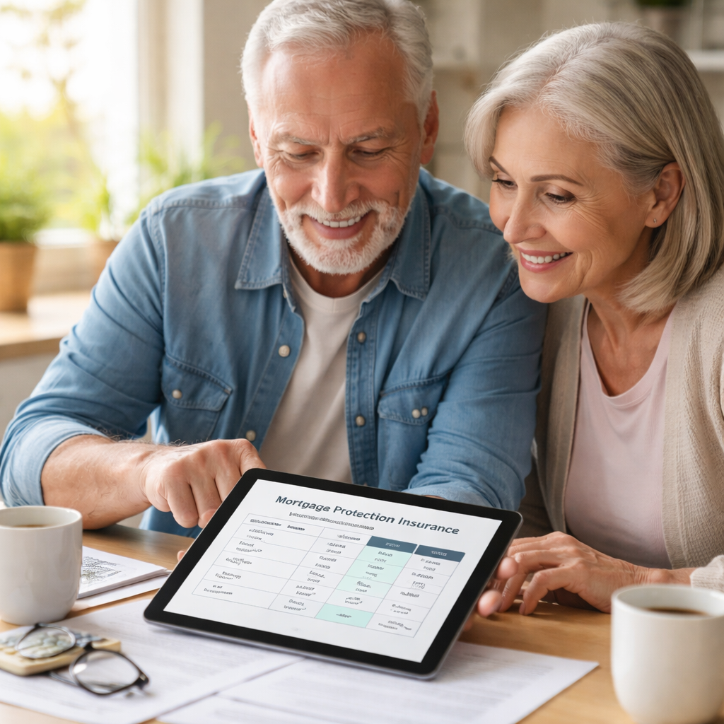 A photorealistic scene of an older couple sitting at a kitchen table, reviewing a mortgage statement with an insurance agent, smiling as they point at a comparison chart. Alt: senior couple comparing mortgage protection policy features and costs.