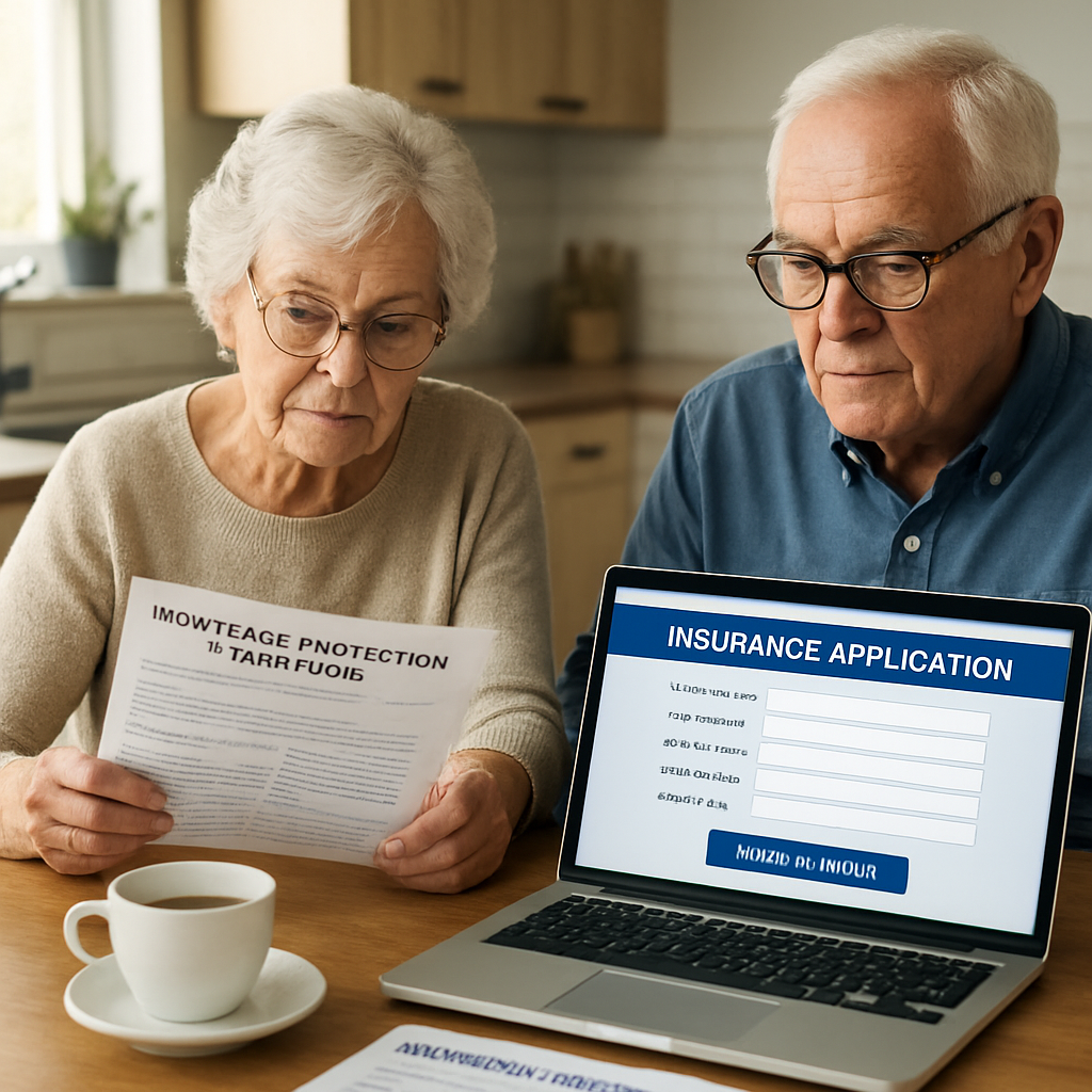 A photorealistic scene of a senior couple sitting at a kitchen table with mortgage statements, a laptop displaying an insurance application form, and a cup of tea. Alt: Senior couple reviewing mortgage protection insurance application paperwork.