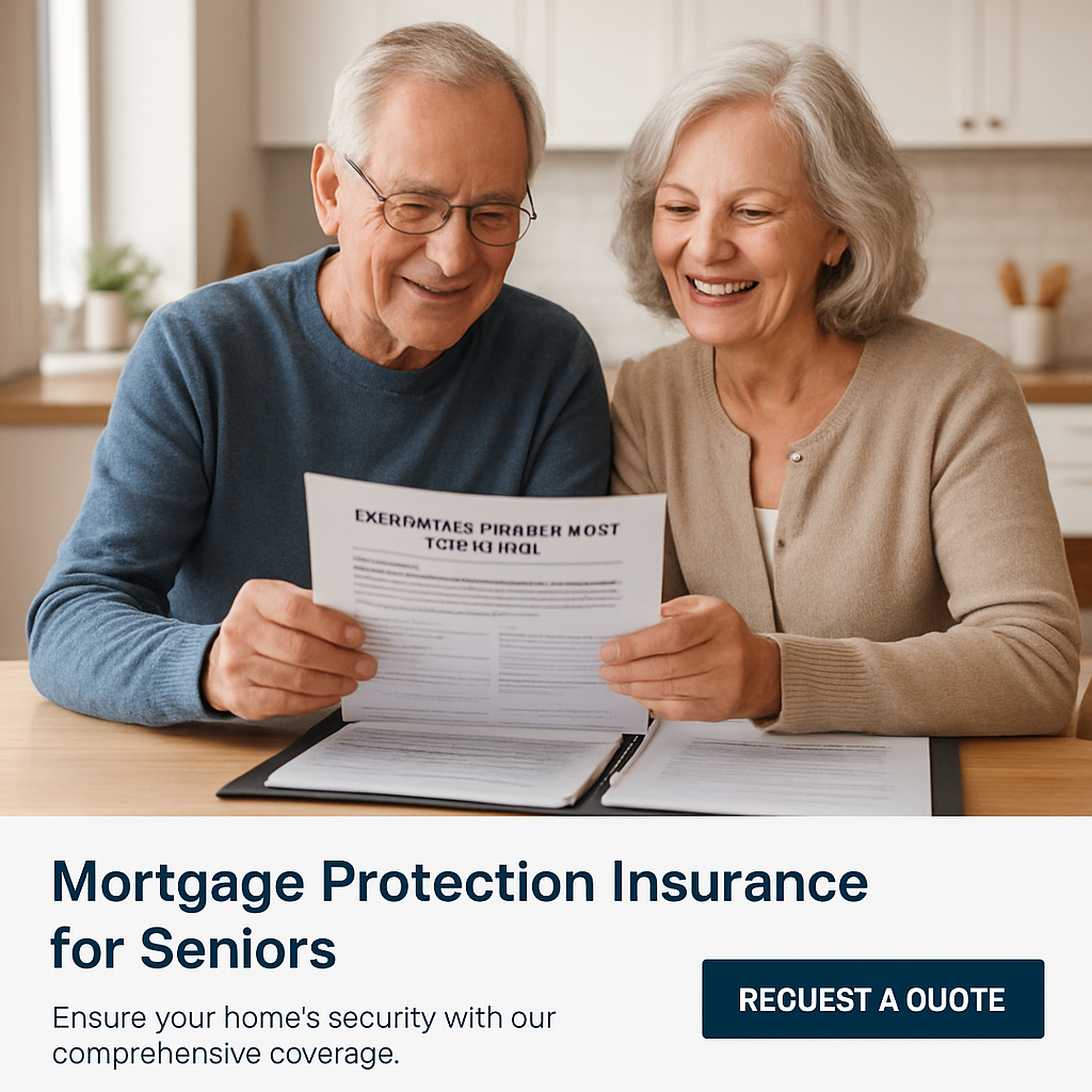 A senior couple reviewing insurance paperwork at a kitchen table, smiling as they confirm coverage details. Alt: mortgage protection insurance for seniors enrollment guide.