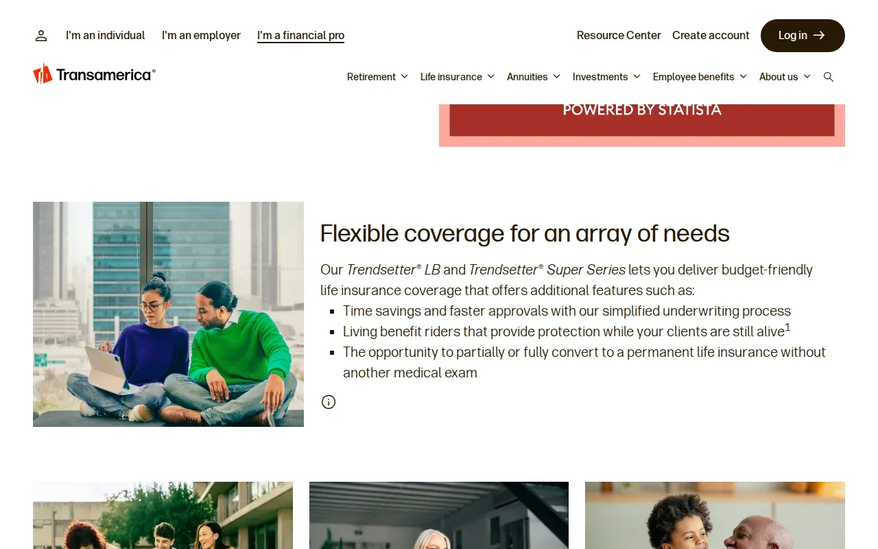 Screenshot of the Trendsetter Super by Transamerica website