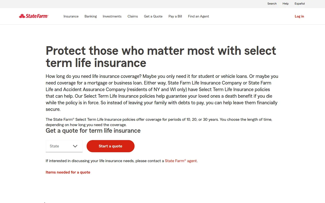 Screenshot of the Select Term by State Farm: 10- website