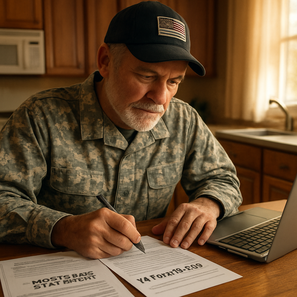 A photorealistic scene of a veteran sitting at a kitchen table with a laptop, mortgage statement, and VA Form 29‑8636 spread out, warm natural lighting, showing focus and confidence as they complete the application. Alt: veteran completing mortgage protection insurance application step-by-step.