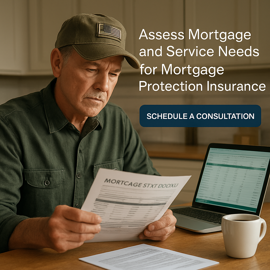 A veteran sitting at a kitchen table with a mortgage statement, a laptop open to a budgeting spreadsheet, and a coffee mug. Alt: Veteran assessing mortgage and service needs for mortgage protection insurance.