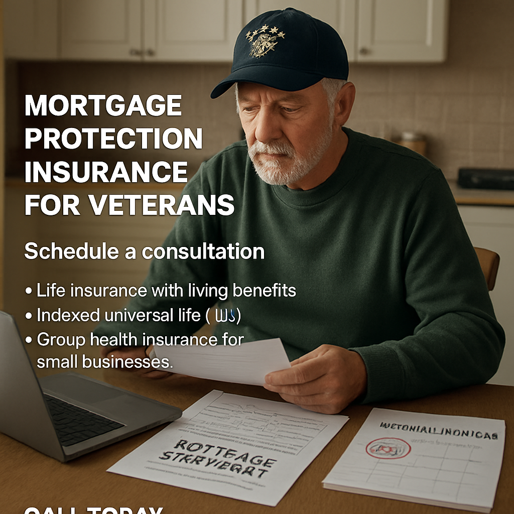 A veteran sitting at a kitchen table with a laptop, mortgage statement, calendar reminder, and a notepad labeled “Annual Review”. Alt: veteran reviewing mortgage protection insurance for veterans coverage annually.