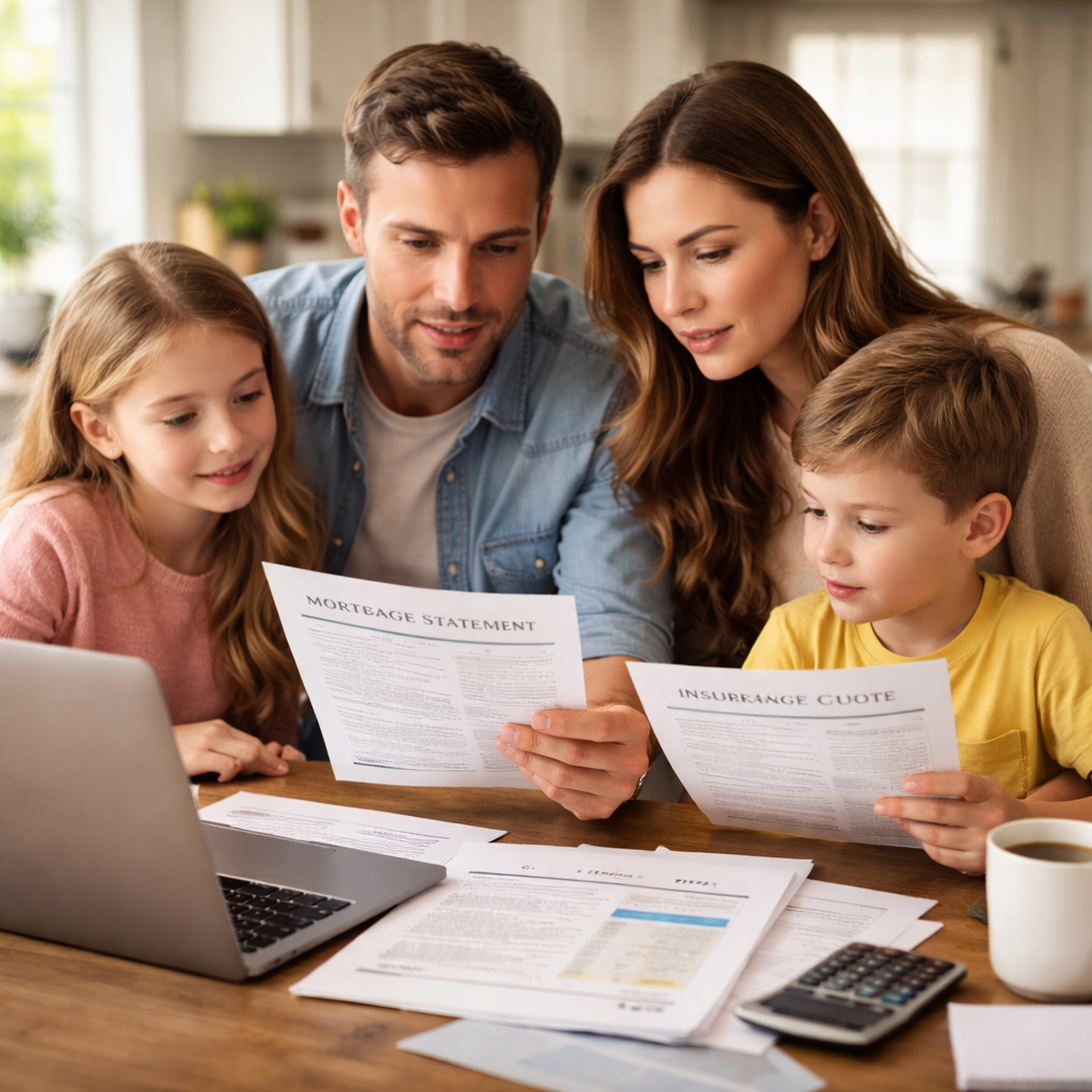 A photorealistic scene of a family at a kitchen table with a laptop, reviewing a mortgage statement and insurance quote. Alt: mortgage protection insurance living benefits cost assessment with family reviewing numbers