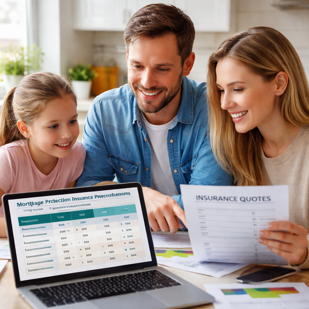 A photorealistic scene of a family at a kitchen table with a laptop, reviewing insurance quotes and a spreadsheet showing premium numbers. Alt: mortgage protection insurance living benefits cost comparison chart