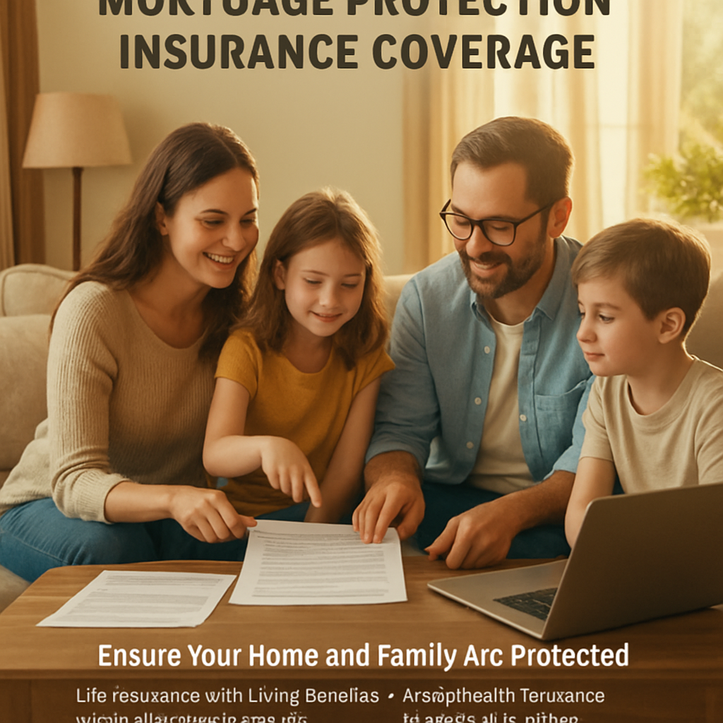 A warm, sunlit living room with a family gathered around a coffee table, mortgage documents and a laptop open, symbolizing financial security. Alt: mortgage protection insurance coverage overview