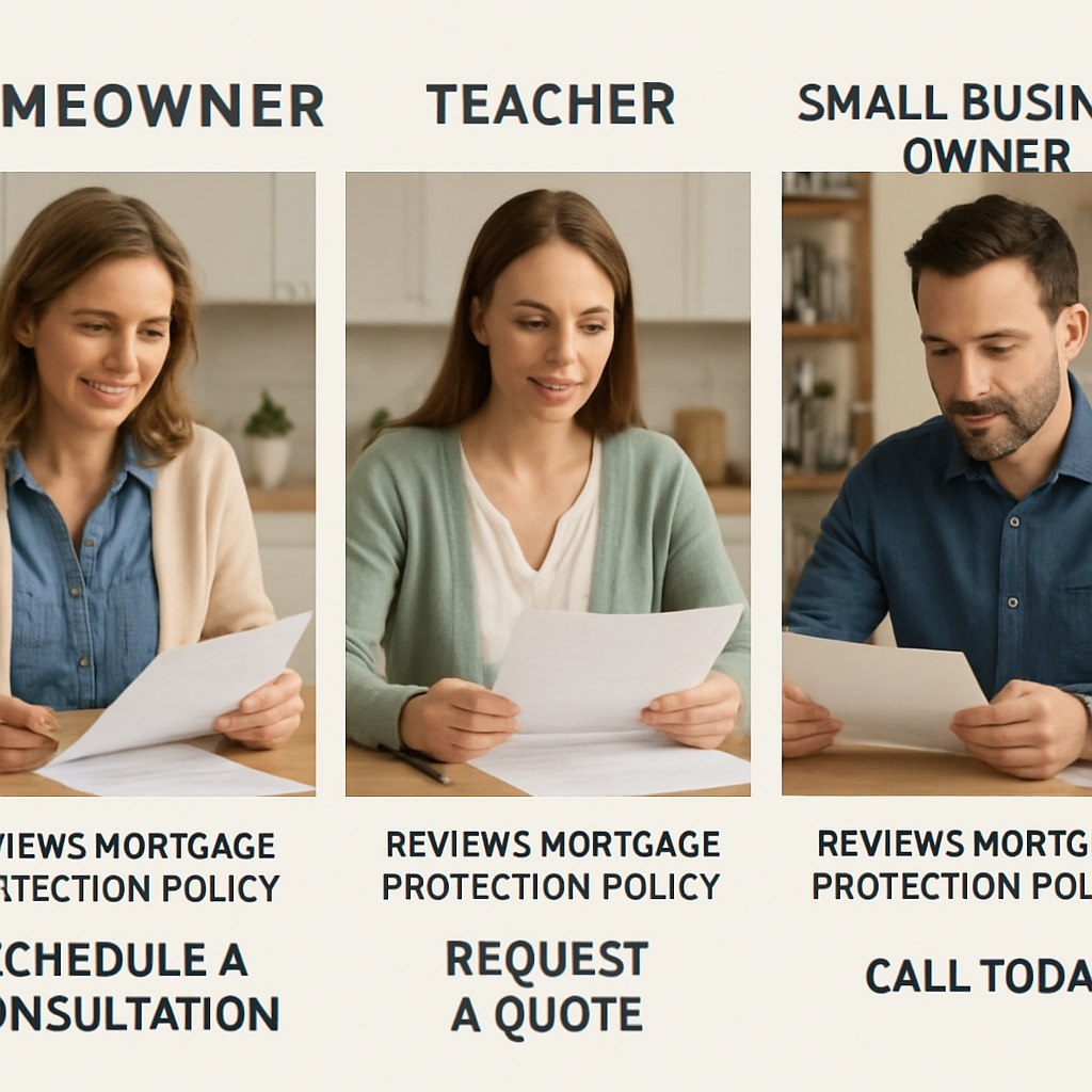 A side‑by‑side visual of a homeowner, a teacher, and a small business owner reviewing mortgage protection policy documents at a kitchen table. Alt: comparison of mortgage protection options for homeowners, teachers, and small business owners