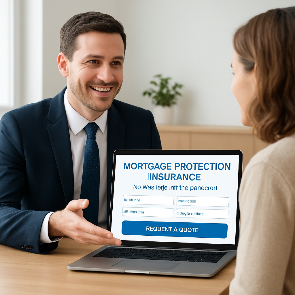 A friendly insurance advisor guiding a homeowner through a laptop screen showing an online application form for mortgage protection insurance. Alt: mortgage protection insurance no medical exam application process illustration.
