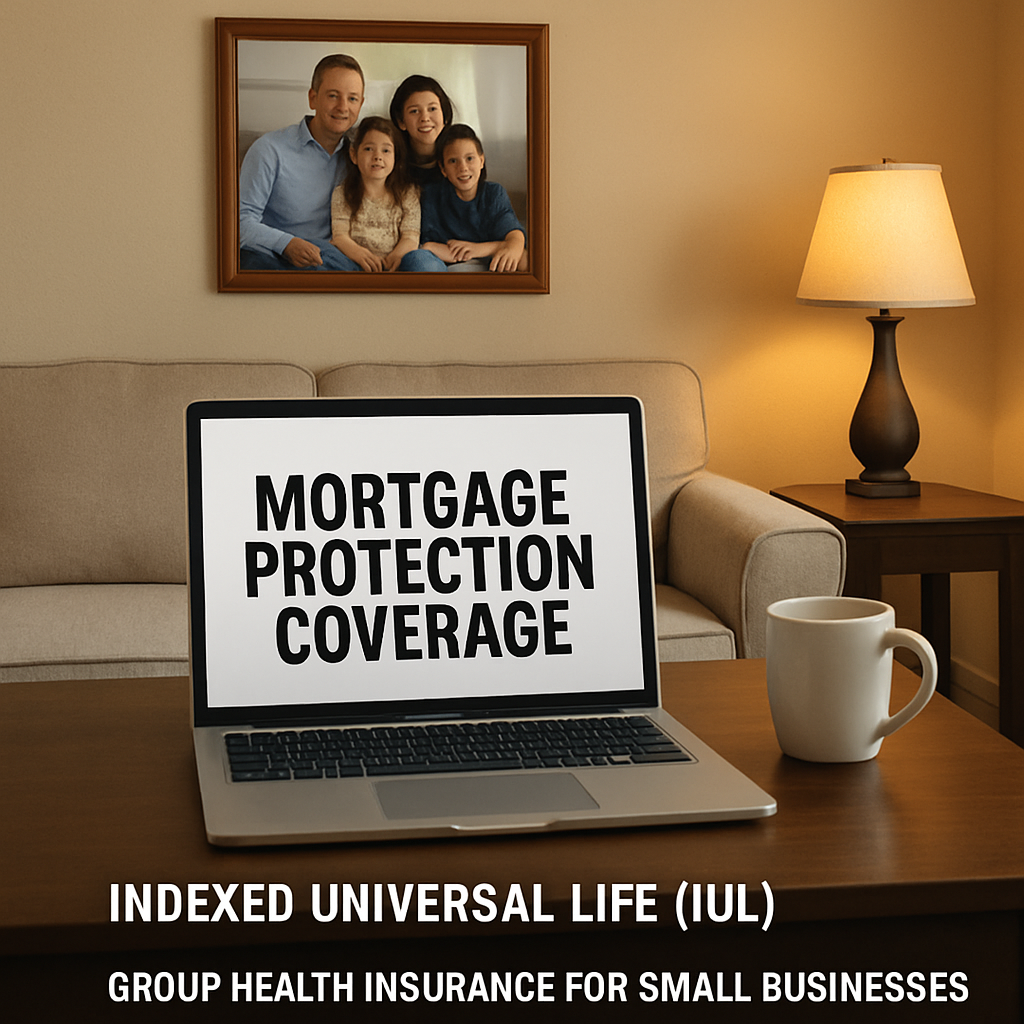 A cozy living room with a laptop open on a coffee table, a coffee mug beside it, and a family photo on the wall. Alt: Mortgage protection coverage conversation.