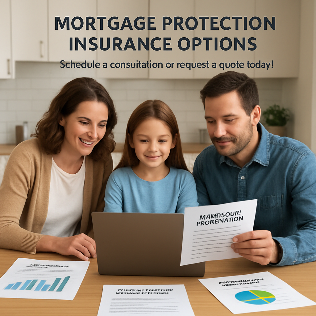 A family at a kitchen table reviewing mortgage protection options on a laptop, with charts and policy documents spread out. Alt: mortgage protection insurance options for homeowners, teachers, and small business owners.