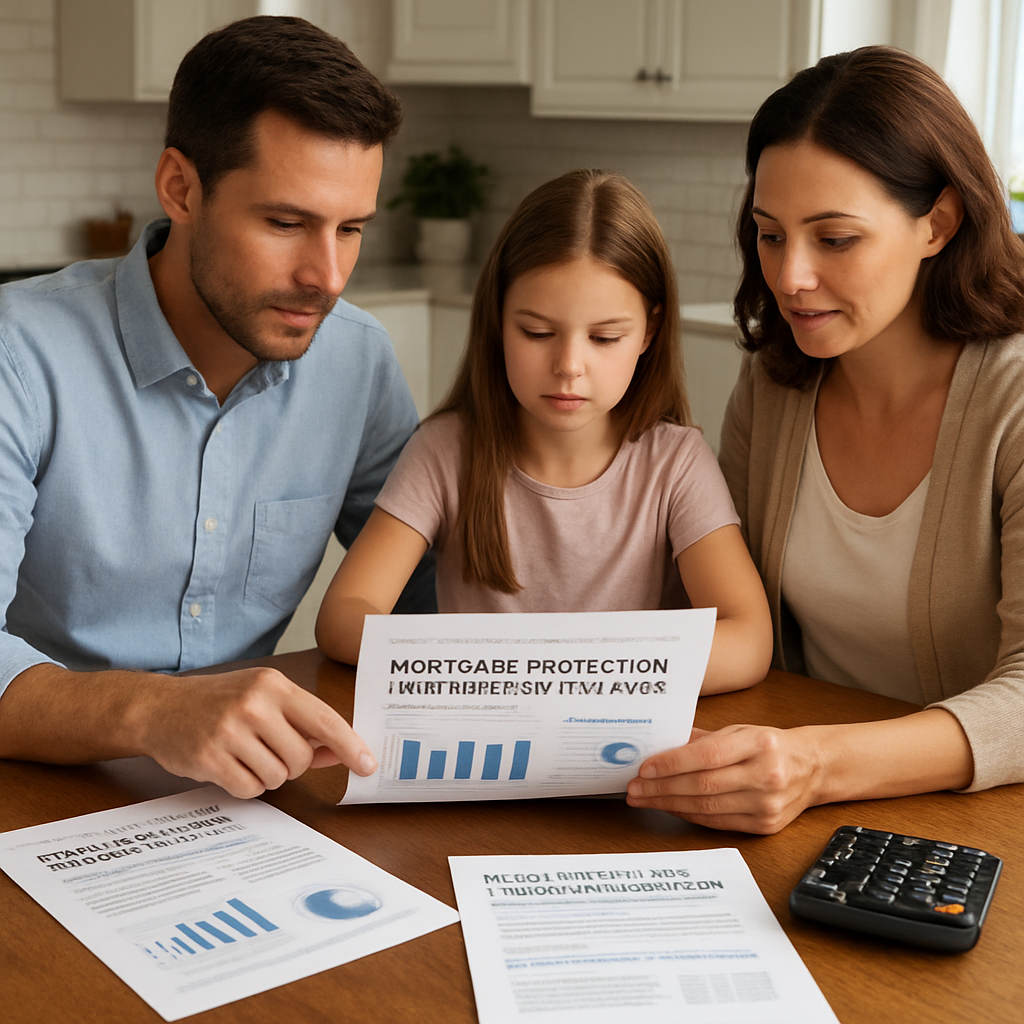 A photorealistic scene of a family reviewing mortgage protection insurance rate sheets at a kitchen table, with charts and a calculator visible. Alt: mortgage protection insurance rates guide for families.
