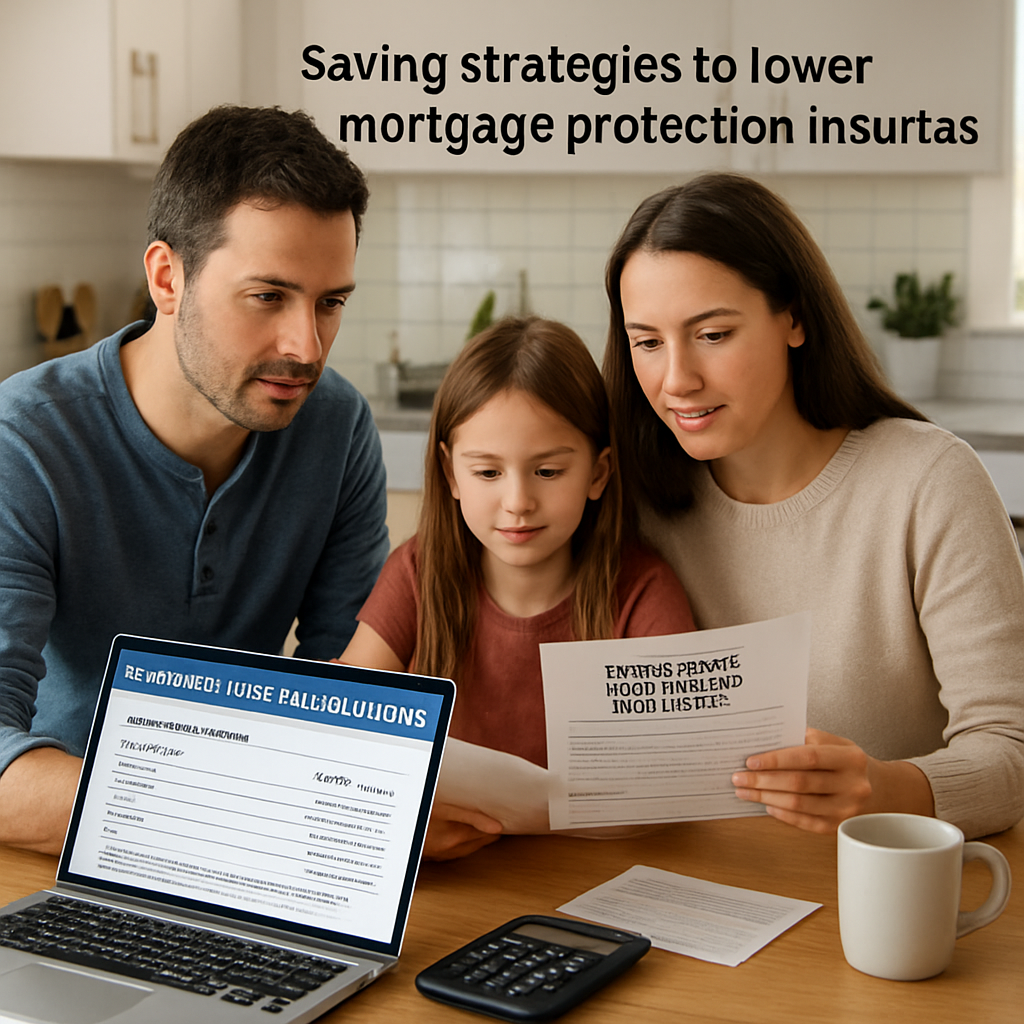 A photorealistic scene of a family sitting at a kitchen table, reviewing mortgage paperwork and a laptop screen displaying insurance rate calculations, with a calculator and coffee mugs visible. Alt: Saving strategies to lower mortgage protection insurance rates.