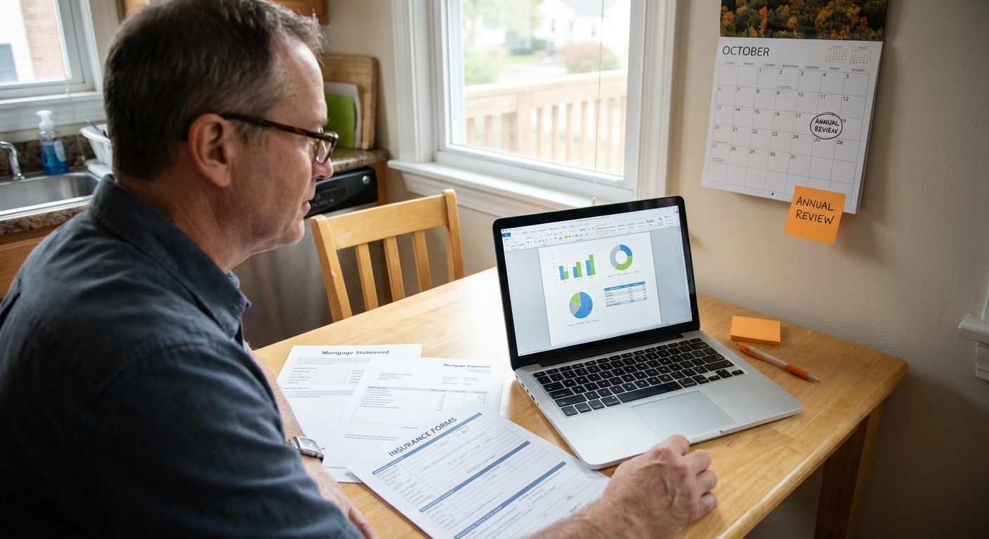 A realistic scene of a homeowner at a laptop reviewing insurance documents and a mortgage statement, with a calendar showing an annual reminder. Alt: annual mortgage protection coverage review
