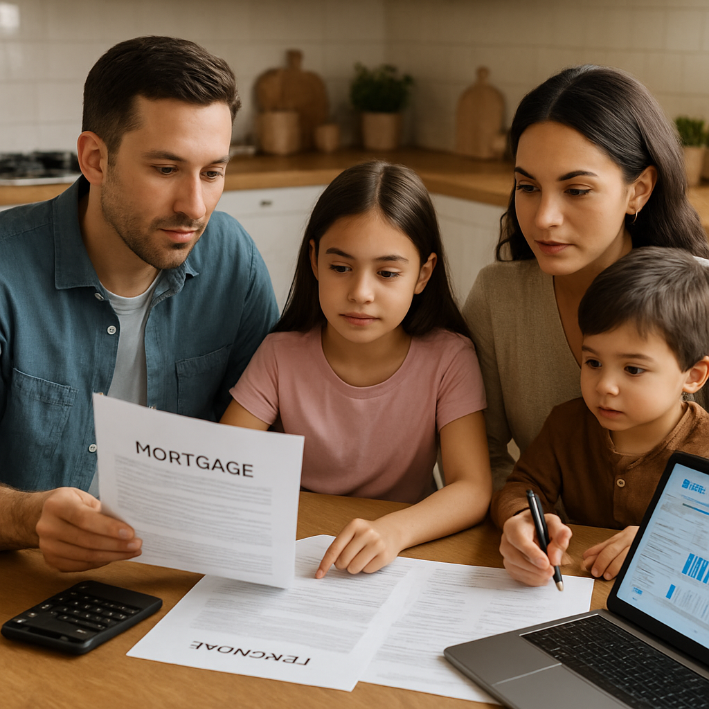 A family gathered around a kitchen table with mortgage documents, a laptop showing a financial plan spreadsheet, and a calculator. Alt: Integrating mortgage protection insurance into a comprehensive financial plan for homeowners.
