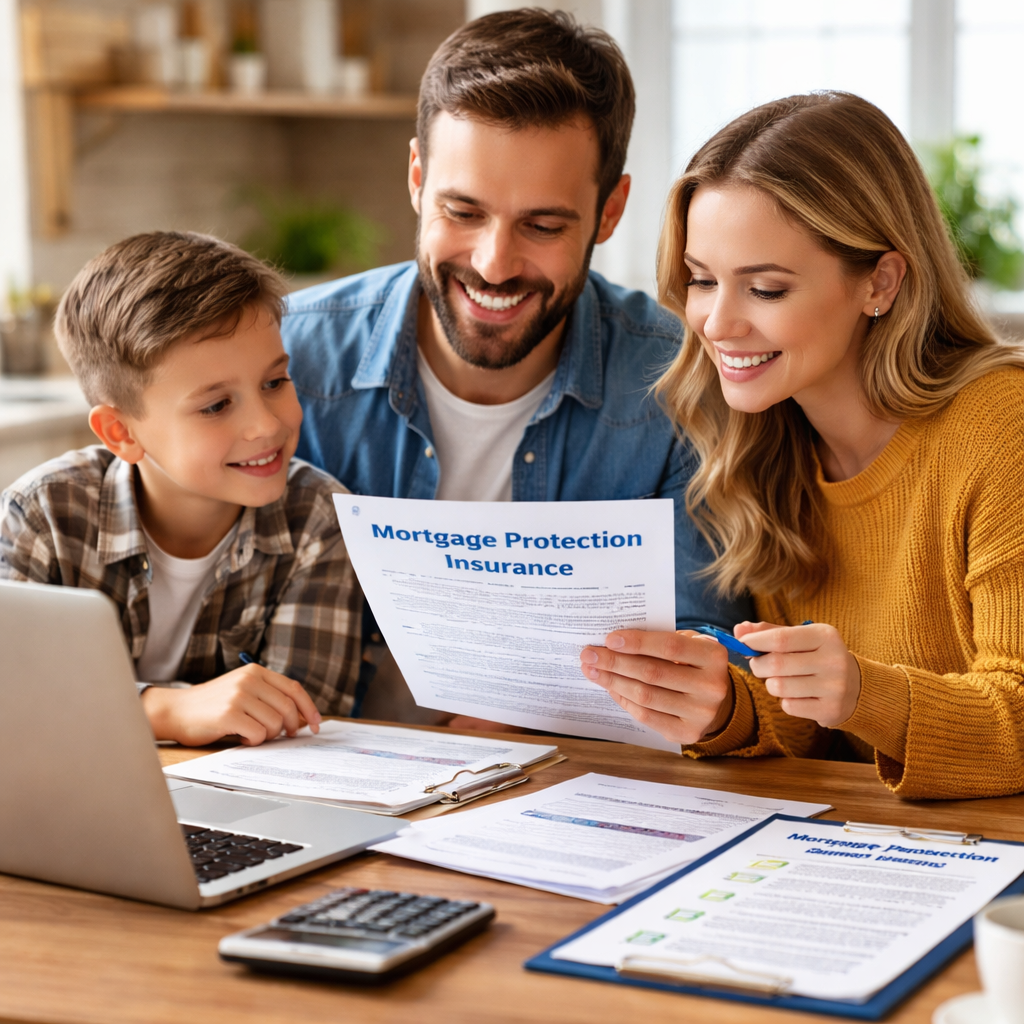 A photorealistic scene of a Texas family reviewing mortgage protection insurance documents at a kitchen table, with a laptop and a paper checklist. Alt: Mortgage protection insurance Texas overview.