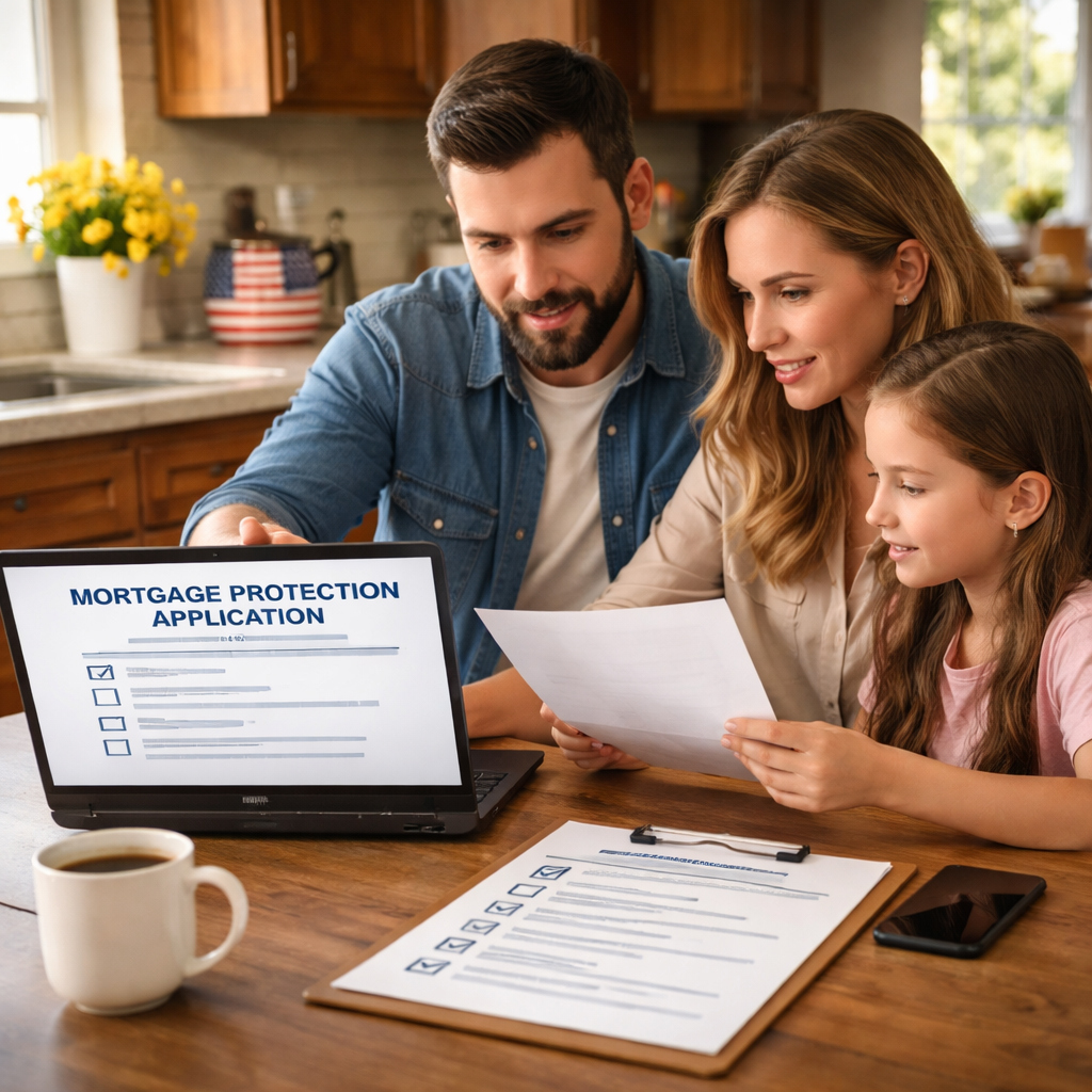 A photorealistic scene of a Texas family at a kitchen table reviewing mortgage protection insurance paperwork on a laptop, with a checklist and a cup of coffee. Alt: family reviewing mortgage protection insurance texas application.