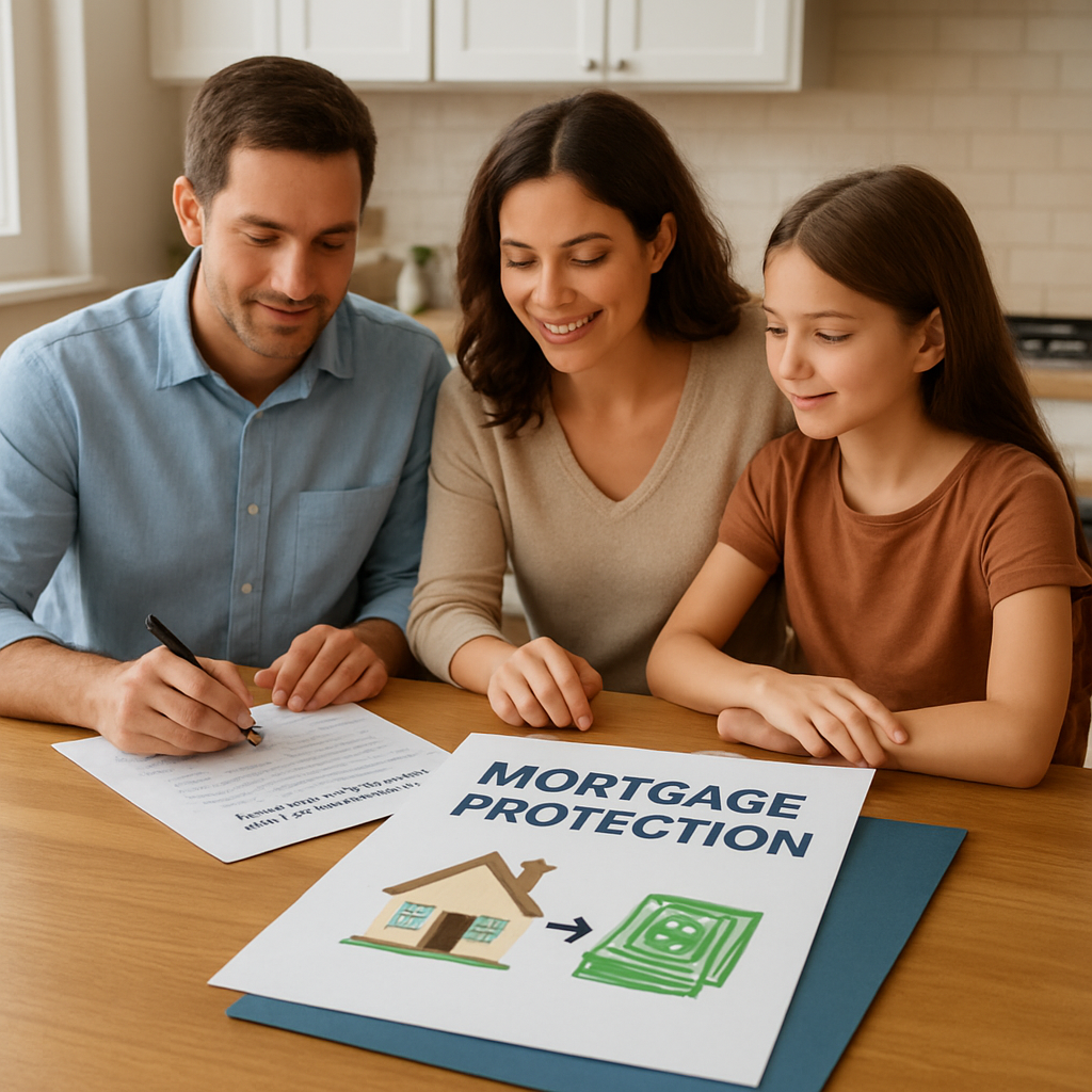 A family at a kitchen table reviewing mortgage documents, showing a clear illustration of a mortgage protection policy paying off the loan. Alt: Mortgage protection insurance illustration