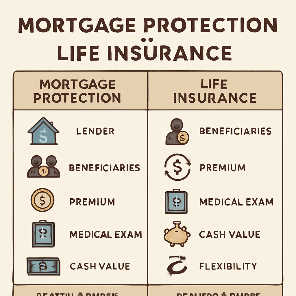 An illustration of a side‑by‑side comparison chart showing mortgage protection on the left and life insurance on the right, with icons for lender, beneficiaries, premium, medical exam, cash value, and flexibility. Alt: Mortgage protection vs life insurance comparison chart visual.