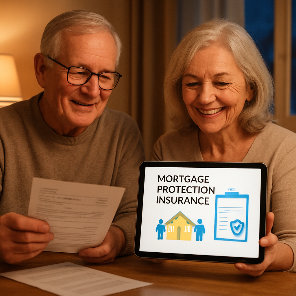 A warm evening scene of a retired couple reviewing mortgage statements and a life‑insurance illustration on a tablet. Alt: Mortgage protection insurance with living benefits helping retirees pay off mortgage and plan estate.