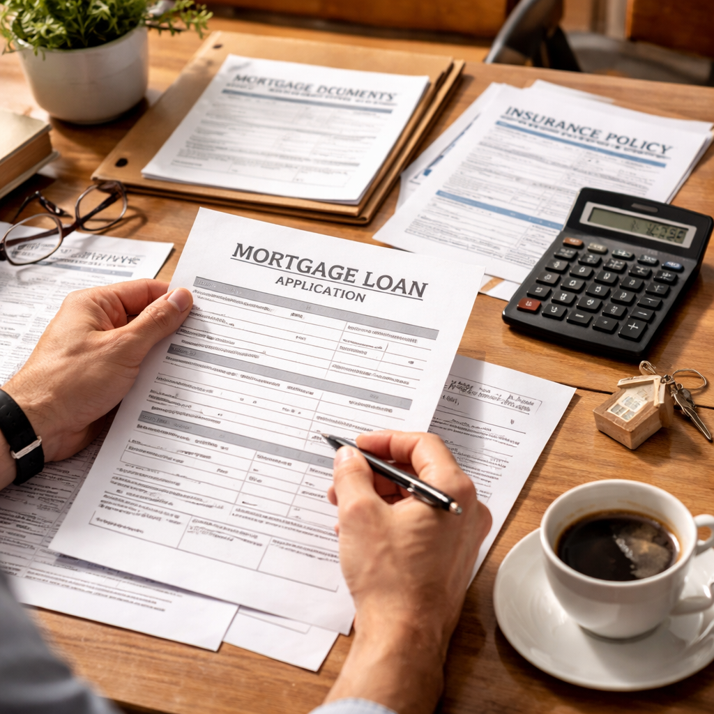 A realistic illustration of a home office desk with mortgage paperwork, a calculator, and a cup of coffee. Alt: self‑employed homeowner reviewing mortgage details for protection.