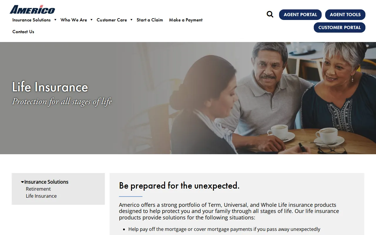 Screenshot of the Americo website