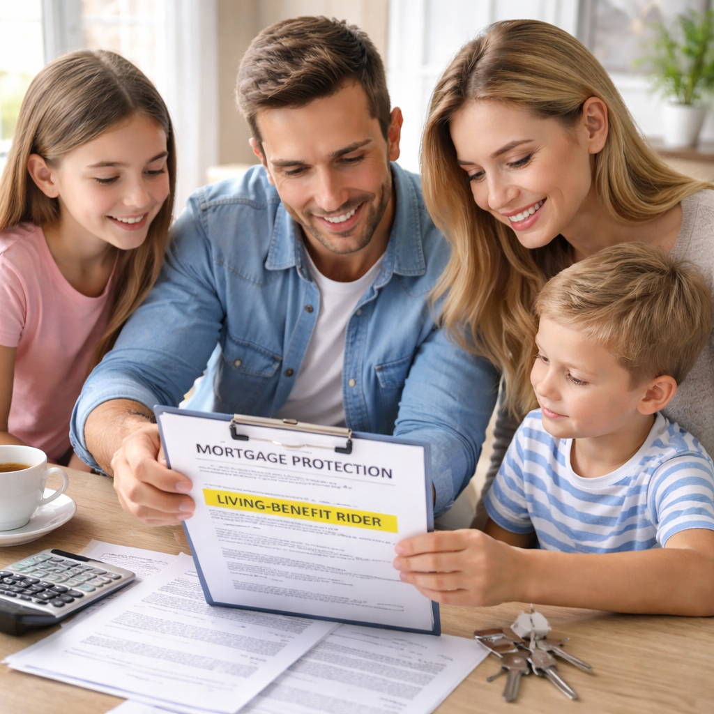 A photorealistic scene of a family reviewing mortgage documents with a highlighted living‑benefit rider on the page, showing peace of mind. Alt: mortgage protection with living benefits illustration.