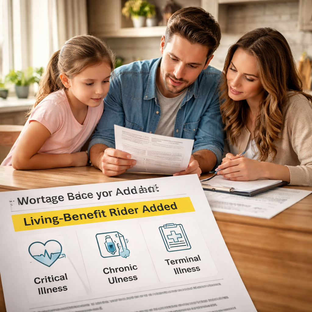 A photorealistic scene of a family at a kitchen table reviewing mortgage papers, with a highlighted section showing a living‑benefit rider addition. Alt: mortgage protection with living benefits illustration for families.