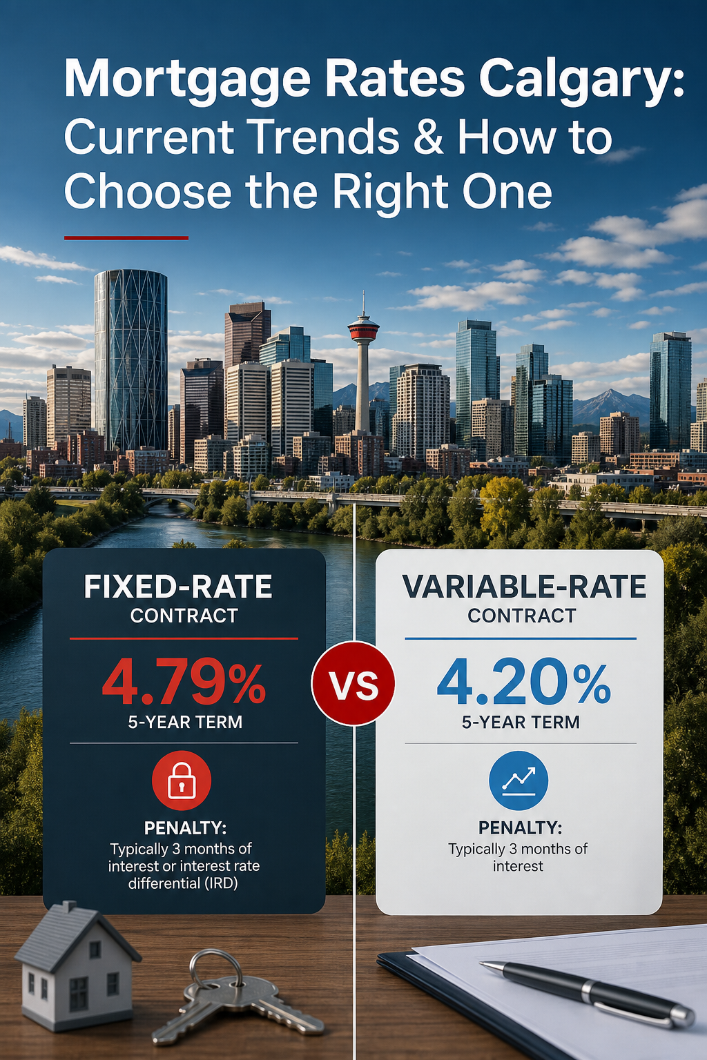 A realistic illustration of a Calgary skyline with a split‑screen overlay showing a fixed‑rate contract on the left and a variable‑rate contract on the right, each labeled with interest percentages and penalty notes. Alt: