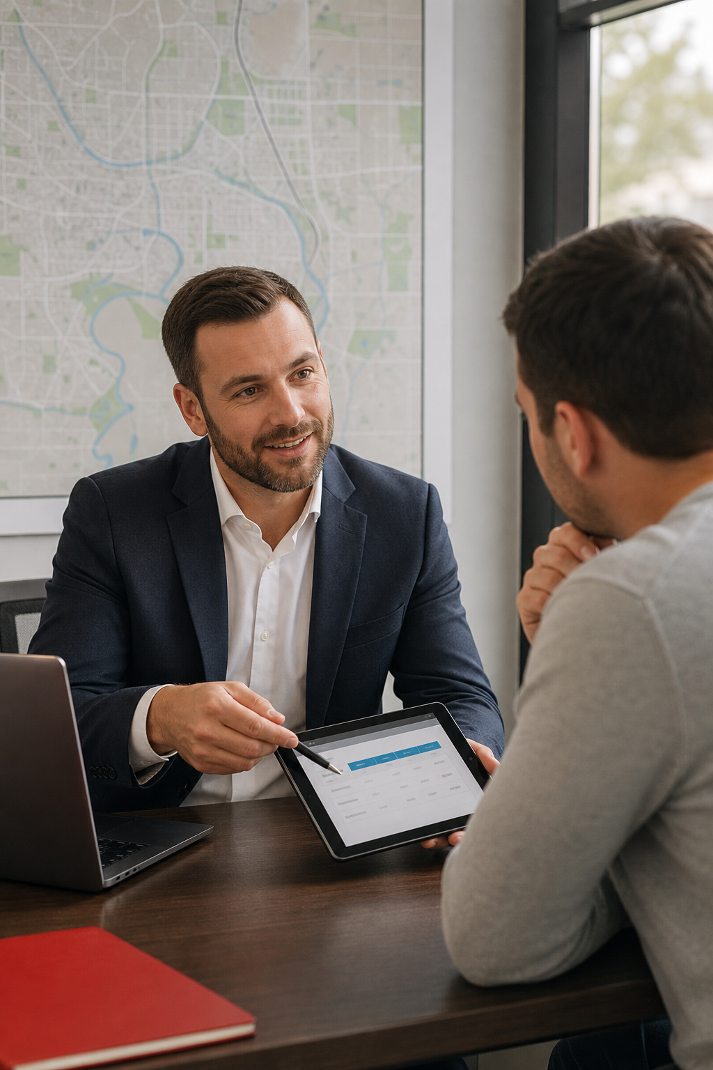 A photorealistic scene of a friendly DreamHouse Realty mortgage advisor sitting at a desk with a laptop, Calgary city map on the wall, and a client reviewing rate options on a tablet. Alt: